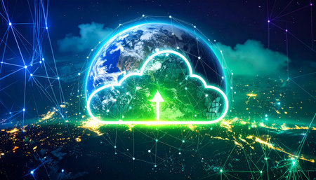 Cloud computing technology concept with world map and connection lines. 3D renderingの素材