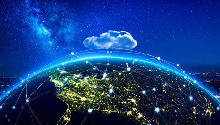 Global network connection on planet Earth at night. Elements of this image furnished by NASAの素材