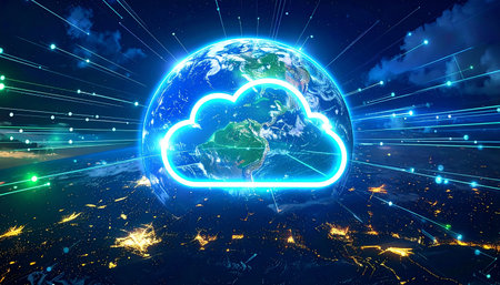 Glowing neon cloud icon over planet earth at night 3D renderingの素材