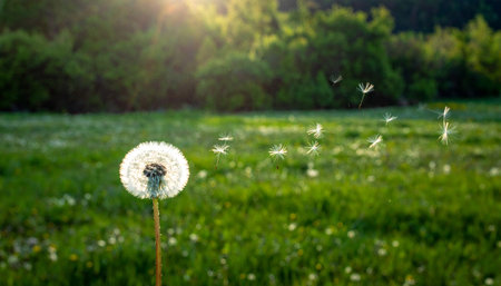 Dandelion seeds in the meadow and flying birds on backgroundの素材