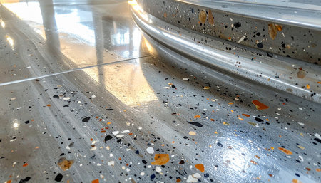 Stainless steel stairs with small pebbles in the backgroundの素材