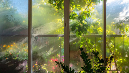 Window with green plants. Sunlight through the window. Selective focus.の素材