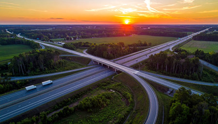 Aerial view of highway at sunset in Poland. Top view.の素材