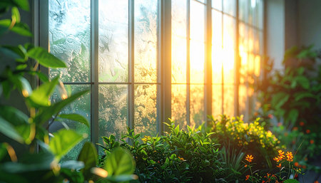 Beautiful garden with flowers and sunlight through the window at sunset.の素材