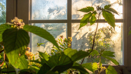 Beautiful view through a window with green plants in the garden.の素材