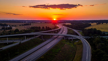 Aerial view of highway at sunset in Poland. Long exposure shot.の素材