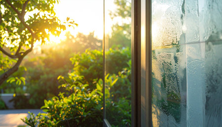 Window with condensation on the glass and sunlight in the morning.の素材