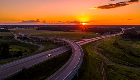 Aerial view of highway at sunset. Freeway in Poland.の素材