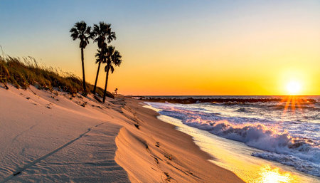 Palm trees on the beach at sunset in Santa Barbara, Californiaの素材