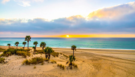 Panoramic view of Santa Barbara beach at sunset, California, USAの素材