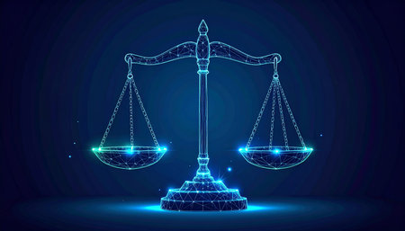 Scales of justice abstract polygonal illustration on blue background.の素材