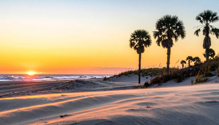 Sunset over the sea with palm trees on the sand dunesの素材