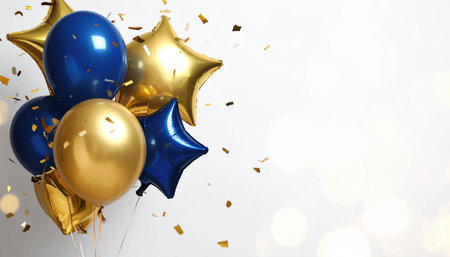 3d render of golden and blue balloons with confetti on white backgroundの素材