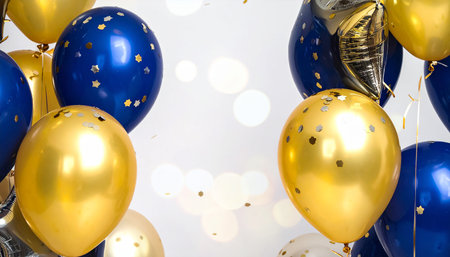 Festive background with golden and blue balloons on a white background.の素材