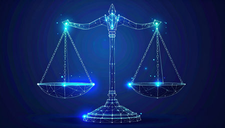 Scale of justice. Low poly wireframe illustration. Blue background.の素材