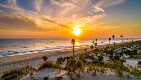Sunset at the beach in Florida with palm trees and sand dunesの素材