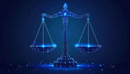 Scales of justice on a blue background. The concept of law and justice. Polygonal design.の素材