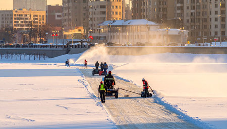 Workers clean the ice of the river.の素材