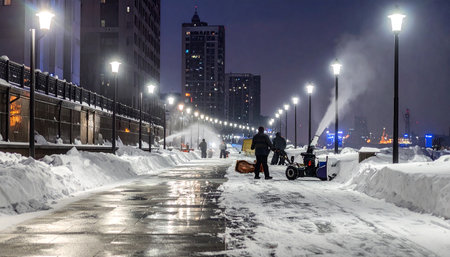 Snow cleaning in the city at night. Russia, Moscow, 2014の素材