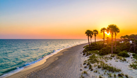 Aerial view of beautiful tropical beach and sea with coconut palm tree at sunset time for travel and vacationの素材