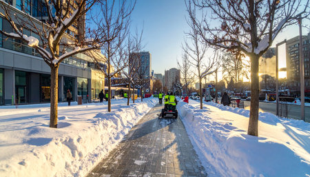 Chicago streets during winter. Chicago is the third most populous city in the United States.の素材