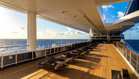 View from the deck of a cruise ship with seats and sun loungersの素材