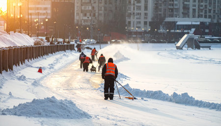 Workers remove snow from the road on a Sunny winter day.の素材