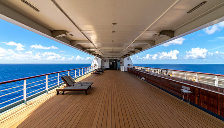 Cruise ship deck with seats and sun loungersof cruise shipの素材