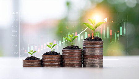 Investment concept, Coins graph stock market with green bokeh backgroundの素材