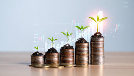 Investment concept, Coins growing on coins graph, business idea.の素材