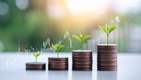 Investment concept, Coins graph stock market with green leaf background.の素材