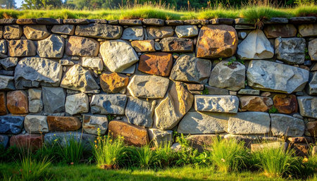 Stone wall with grass and flowers in the garden at sunset time.の素材