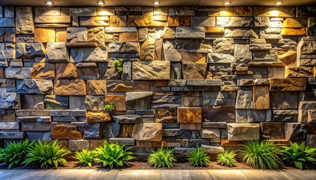 Decorative stone wall and floor in modern room with light and shadowの素材