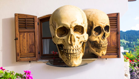 Skulls in front of the window of a house in the Austrian Alpsの素材