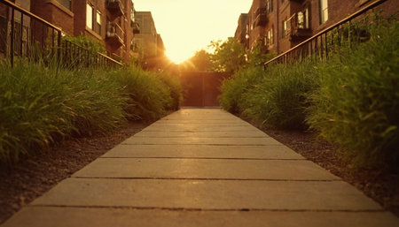 Sunset over a path leading to a residential area in London.の素材