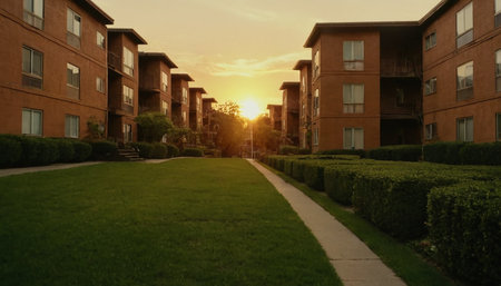 Sunset in a residential area with green grass and trees in the foregroundの素材