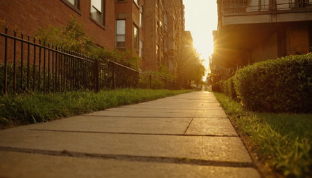 Sunset on a street in the city of Boston, Massachusetts.の素材