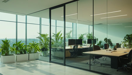 Interior of modern office with glass walls and panoramic windowsの素材