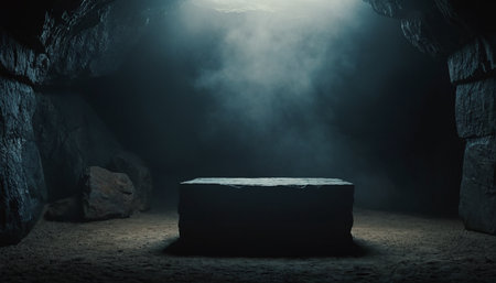 Empty podium in the dark cave. 3D rendering. Computer digital drawing.の素材