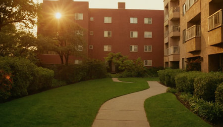 Sunset in the city with a pathway leading to a residential buildingの素材
