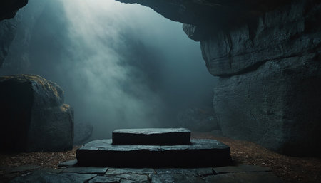 Empty podium in dark cave with fog. 3d render illustration.の素材
