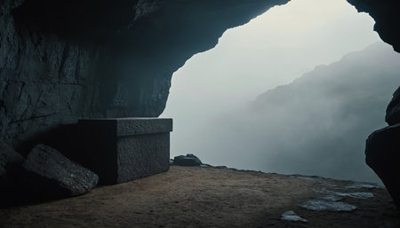 Foggy morning in the mountains. The entrance to the cave.の素材