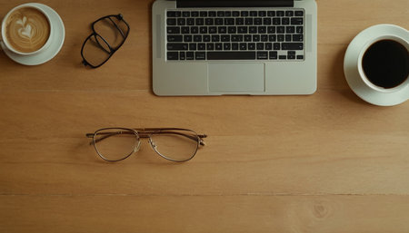 Top view of laptop, coffee cup and eyeglasses on wooden tableの素材