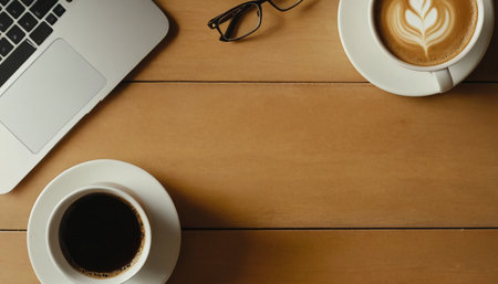 Laptop, coffee cup and eyeglasses on wooden table.の素材