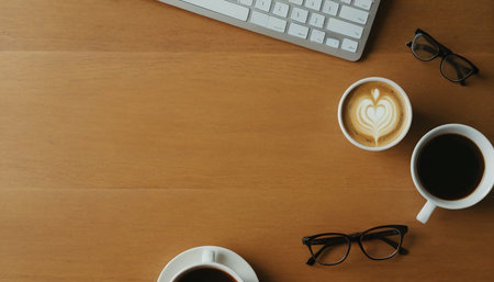 Top view of business workplace with coffee cup and eyeglasses on wooden tableの素材