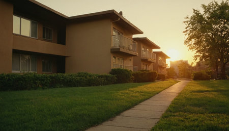 Sunset in a residential area with trees and grass in the foregroundの素材
