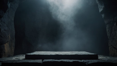 Empty stage in dark cave with smoke and fog. 3d renderingの素材