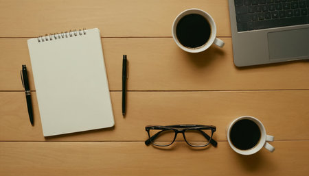 Office desk table with laptop, notepad, coffee cup and glasses. Top view with copy spaceの素材