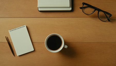 Top view of coffee cup with notebook and glasses on wooden table.の素材