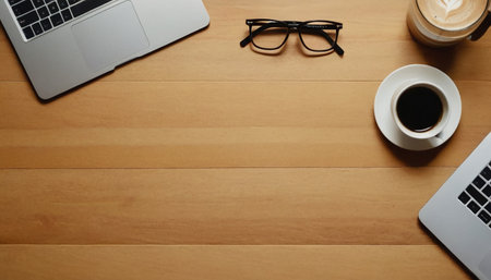 Office desk table with laptop, coffee cup and glasses. Top view with copy spaceの素材